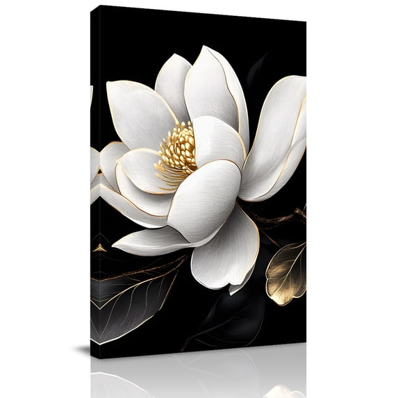 Canvas Wall Art, Gorgeous Flowers Framed Canvas Prints for Bathroom Hallway, White Gold Floral Botanicals Black Small Gallery Wrapped Wall Decor for Home Office, Gifts, 8"x10" Ship Next Day