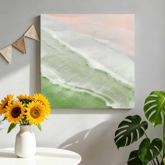Canvas Wall Art Grass Green Canvas Art Print Gradient Sea Waves Sandy Beach Coastal Scenery Pictures Wall Decor for Living Room Bedroom Artwork Decorations Stretched Framed Ready to Hang 8"x8"
