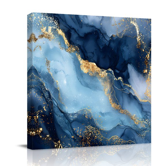 Canvas Wall Art, Gray Blue Golden Marble Framed Canvas Prints for Bathroom Desk, Abstract Modern Marble Crack Small Gallery Wrapped Wall Decor for Home Office, Gifts, 8"x8" Ship Next Day