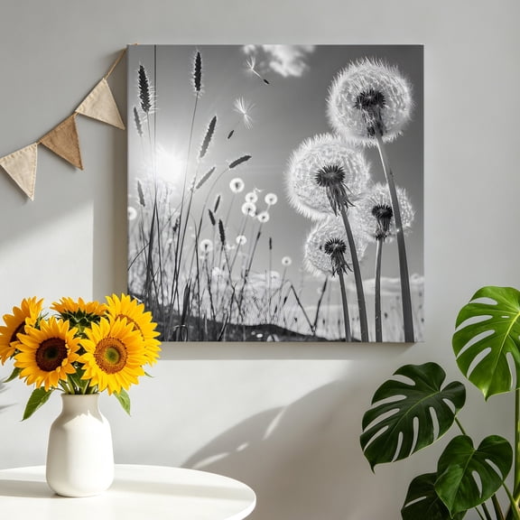 Canvas Wall Art Gray Dandelion Canvas Art Print Flower Leaf Sun Sky Natural Plants Pictures Wall Decor for Living Room Bedroom Artwork Decorations Stretched Framed Ready to Hang 8"x8"