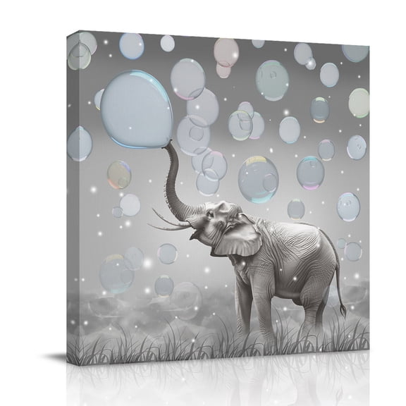 Canvas Wall Art, Gray Elephants Framed Canvas Prints for Bedroom Office, Modern Vintage Elephants Blowing Bubbles Large Gallery Wrapped Wall Decor for Home Office, Gifts, 16"x16" Ship Next Day
