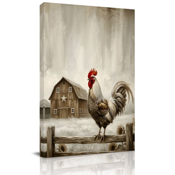 Canvas Wall Art Gray Rustic Rooster Canvas Art Print Brown Barn Farmhouse Animal Country Farm Pictures Wall Decor for Living Room Bedroom Artwork Decorations Stretched Framed Ready to Hang 11"x14"