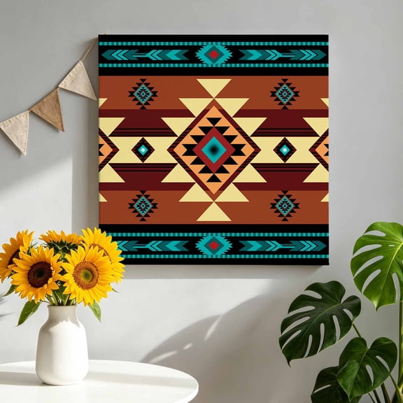 Canvas Wall Art Green Brown Pattern Canvas Art Print Retro Bohemian Square Abstract Geometric Pictures Wall Decor for Living Room Bedroom Artwork Decorations Stretched Framed Ready to Hang 16"x16"