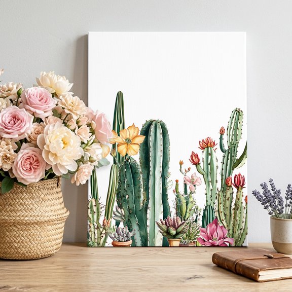 Canvas Wall Art, Green Cactus Framed Canvas Prints for Living Room Bedroom, Spring Floral Watercolor Botanical Large Gallery Wrapped Wall Decor for Home Office, Gifts, 16"x20" Ship Next Day