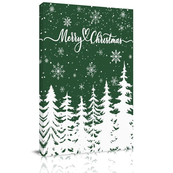 Canvas Wall Art, Green Christmas Trees Framed Canvas Prints for Bedroom Living Room, Winter Xmas Snowflakes Pine Forest Large Gallery Wrapped Wall Decor for Home Office, Gifts, 18"x24" Ship Next Day