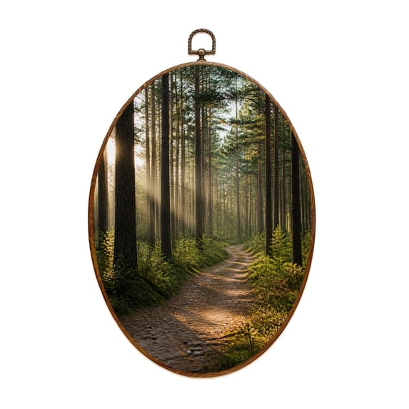 Canvas Wall Art Green Forest Nature Landscape Sunlight Pine Trees Natural Wood Frame Oval Framed Canvas Prints Vintage Wall Hanging Decor for Home Decorations 8.6"x11.4"