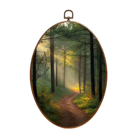 Canvas Wall Art Green Forest Nature Landscape Sunlight Pine Trees Natural Wood Frame Oval Framed Canvas Prints Vintage Wall Hanging Decor for Home Office Decorations 8.6"x11.4"