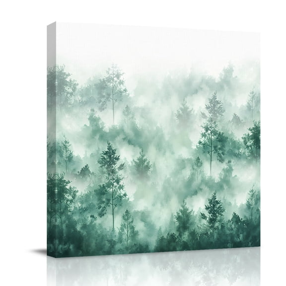 Canvas Wall Art, Green Forest Rustic Framed Canvas Prints for Bathroom Desk, Vintage Tree Scenery Watercolor Small Gallery Wrapped Wall Decor for Home Office, Gifts, 8"x8" Ship Next Day