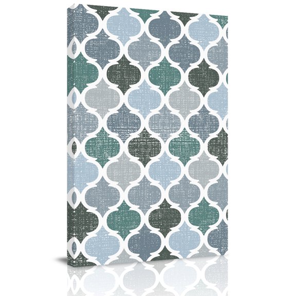 Canvas Wall Art, Green Grey Morocco Pattern Framed Canvas Prints for Bedroom Living Room, Turquoise Modern Moroccan Geometric Gallery Wrapped Wall Decor for Home Office, Gifts, 18"x24" Ship Next Day