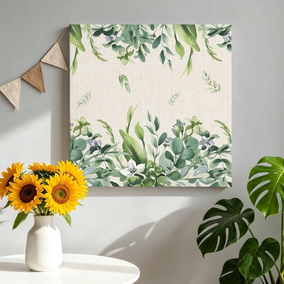 Canvas Wall Art Green Leaf Canvas Art Print Summer Watercolor Country Green Eucalyptus Leaves Linen Texture Pictures Wall Decor for Living Room Artwork Decorations Framed Ready to Hang 8"x8"
