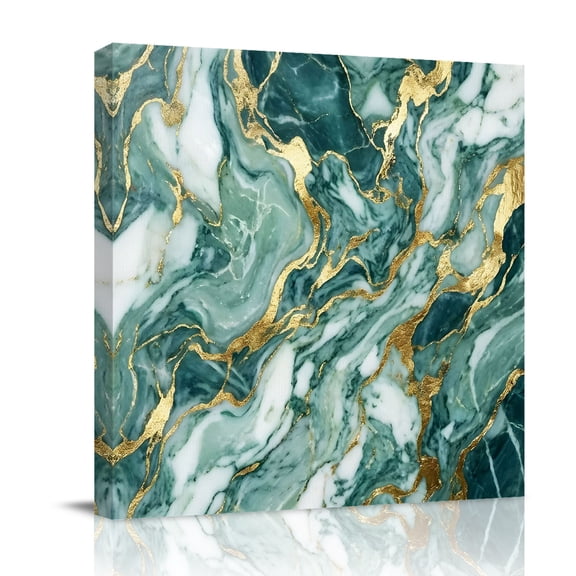 Canvas Wall Art, Green Ombre Golden Marble Framed Canvas Prints for Bedroom Office, Abstract Marble Crack Large Gallery Wrapped Wall Decor for Home Office, Gifts, 16"x16" Ship Next Day