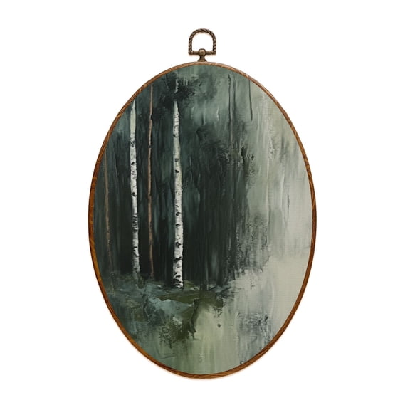 Canvas Wall Art Green Tree Forest Landscape Modern Birch Trees Nature Painting Oval Framed Canvas Prints Vintage Wall Hanging Decor for Home Office Decorations 8.6"x11.4"