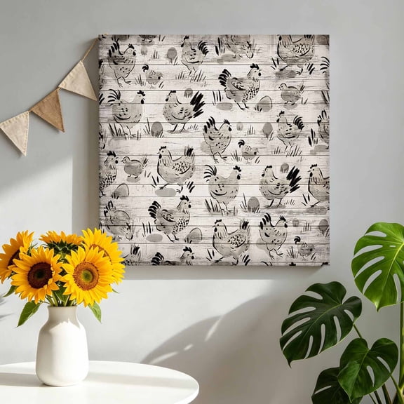Canvas Wall Art Grey Farm Chicken Canvas Art Print Country Farmhouse Black White Chick Eggs Wood Grain Pictures Wall Decor for Living Room Artwork Decorations Stretched Framed Ready to Hang 16"x16"
