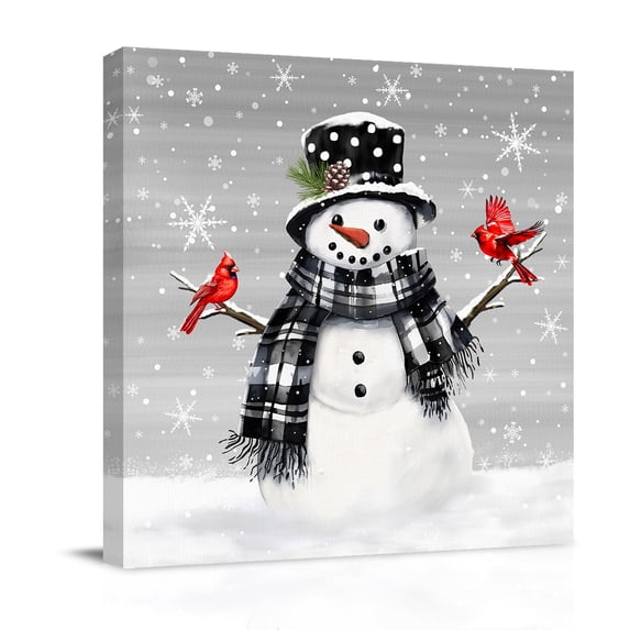 Canvas Wall Art, Grey Snowman Christmas Framed Canvas Prints for Bathroom Kitchen, Xmas Snowflake Birds Gallery Wrapped Wall Decor for Home Office, Gifts, 10"x10" Ship Next Day