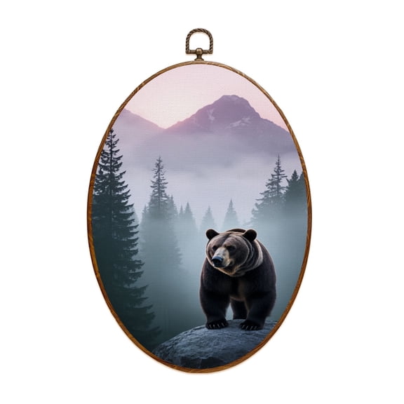 Canvas Wall Art Grizzly Bear Forest Rocky Mountain Modern Canvas Artwork Contemporary Oval Framed Canvas Prints Vintage Wall Hanging Decor for Home Office Decorations 8.6"x11.4"