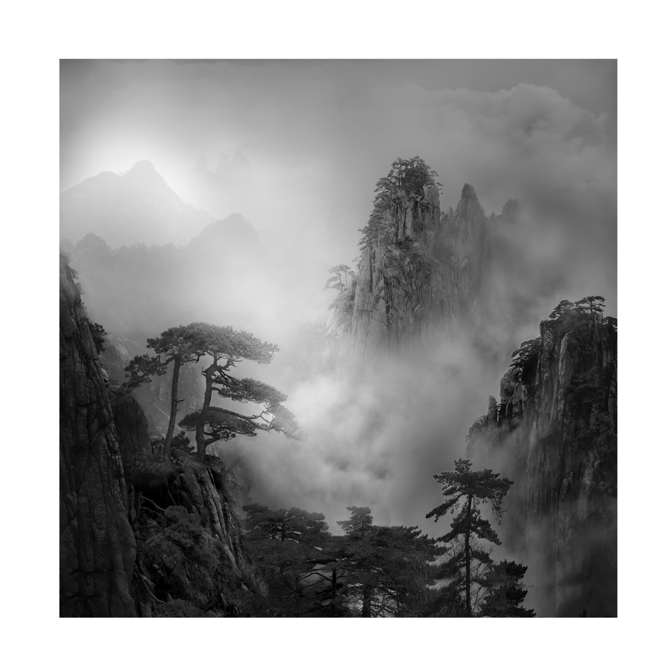 Canvas Wall Art - Guoji  'Huang Shan In The Fog' Wall Art for Living Room, Bedroom, or Office Décor by Trademark Fine Art - 18 x 18 Inches