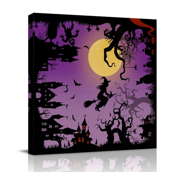 Canvas Wall Art, Halloween Framed Canvas Prints for Bathroom Desk, Modern Castle Witch Forest Moon Purple Small Gallery Wrapped Wall Decor for Home Office, Gifts, 8"x8" Ship Next Day