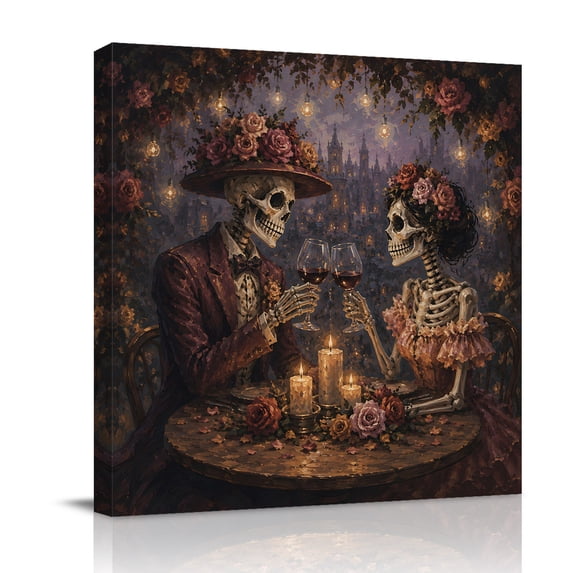 Canvas Wall Art, Halloween Framed Canvas Prints for Bedroom Office, Skeleton Couple Romantic Roses Flowers Fantasy Large Gallery Wrapped Wall Decor for Home Office, Gifts, 16"x16" Ship Next Day