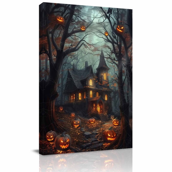 Canvas Wall Art, Halloween Framed Canvas Prints for Kitchen Bedroom, Castle Forest Pumpkin Vintage Bats Cottage Small Gallery Wrapped Wall Decor for Home Office, Gifts, 8"x12" Ship Next Day