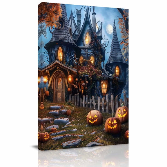 Canvas Wall Art, Halloween Framed Canvas Prints for Kitchen Bedroom, Forest Ghost Pumpkin Castle Vintage Cottage Small Gallery Wrapped Wall Decor for Home Office, Gifts, 8"x12" Ship Next Day