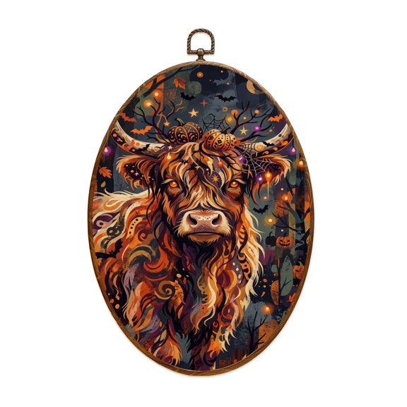Canvas Wall Art Halloween Highland Cow Pumpkins Autumn Forest Oval Framed Canvas Prints 8.6"x11.4" Vintage Wall Hanging Camper Accessories RV Gifts for Inside Decor