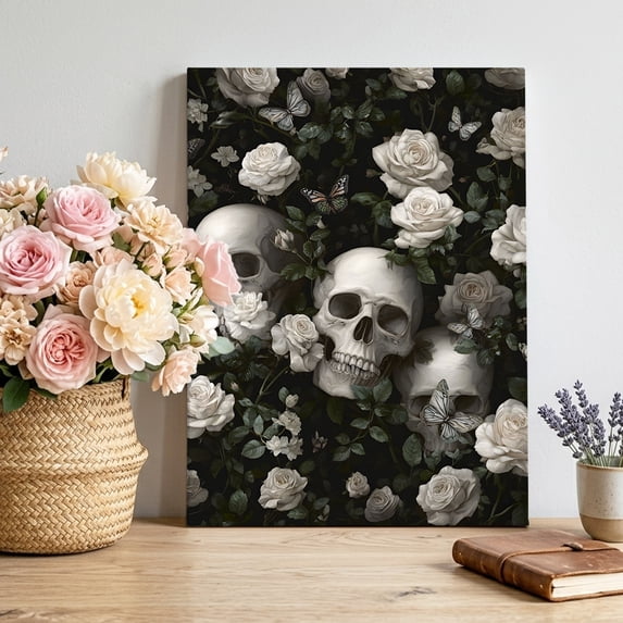 Canvas Wall Art, Halloween Skull Framed Canvas Prints for Bedroom Living Room, Retro White Rose Flower Horror Fall Gallery Wrapped Wall Decor for Home Office, Gifts, 12"x18" Ship Next Day