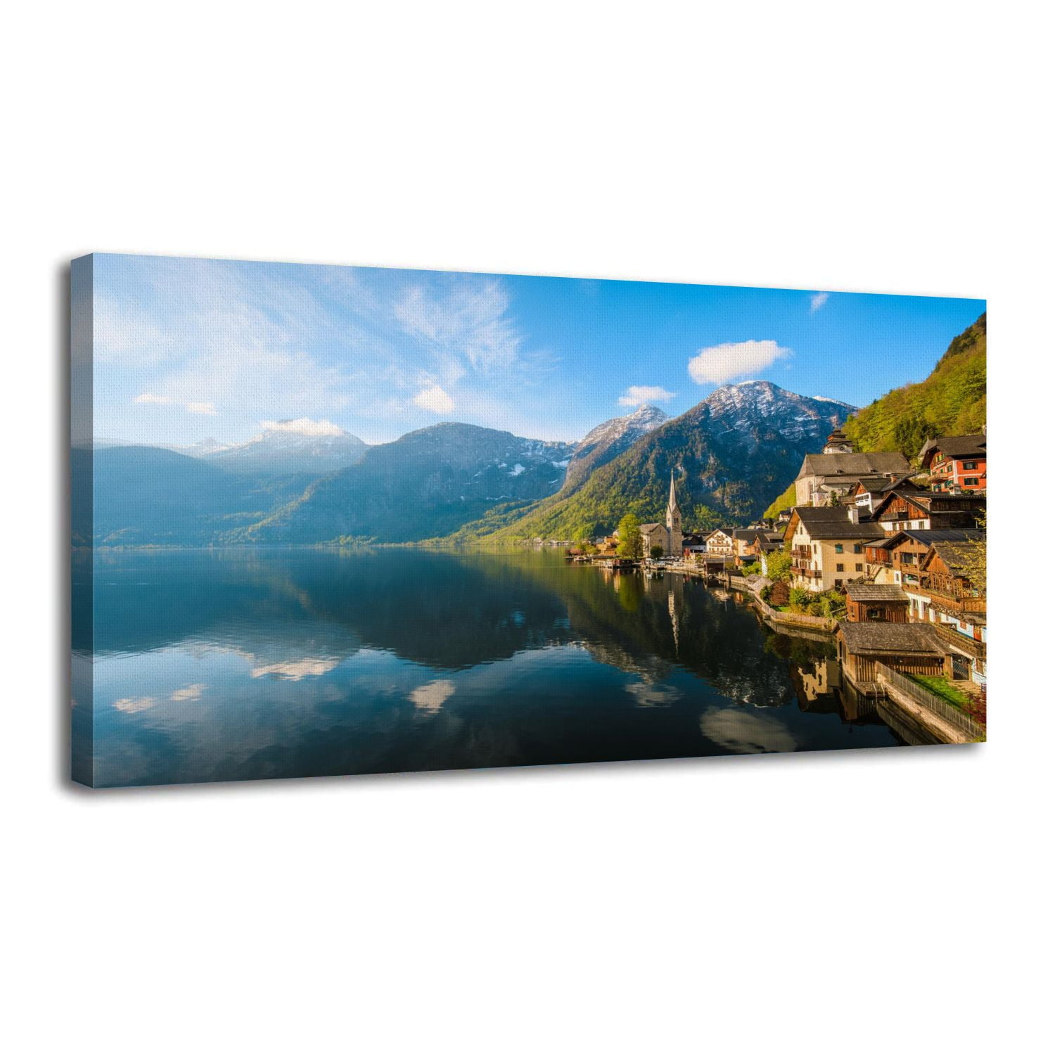 Hand Painted Nature Landscape Wall Art - Framed Canvas Painting, 29" X 59", Lake Scene For Living Room Or Bedroom