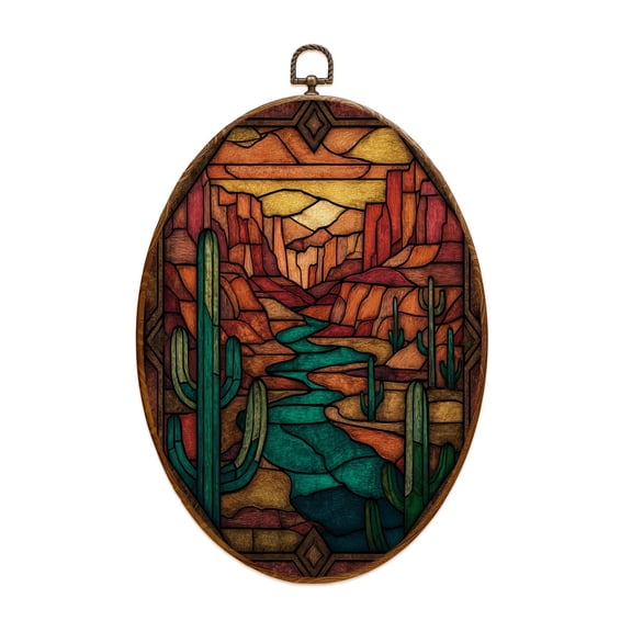 Canvas Wall Art Handcrafted Glass Design River Sunset Earthy Hues Oval Framed Canvas Prints Vintage Wall Hanging Decor for Home Decorations 8.6"x11.4"