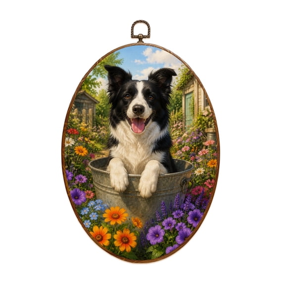 Canvas Wall Art Happy Border Collie Sitting Bucket Among Vibrant Garden Flowers Oval Framed Canvas Prints Vintage Wall Hanging Decor for Home Decorations 8.6"x11.4"