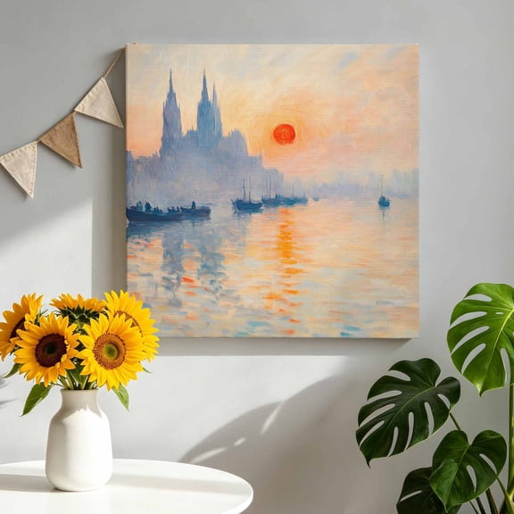 Canvas Wall Art Harbor at Sunrise Canvas Art Print Coastal Nautical Gold Blue Rising Sun Ships Cathedral Pictures Wall Decor for Living Room Bedroom Artwork Stretched Framed Ready to Hang 8"x8"