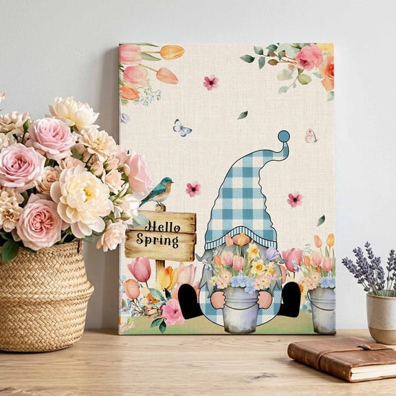 Canvas Wall Art Hello Spring Gnome Canvas Art Print Country Pink Purple Tulip Flower Gnome Floral Linen Texture Pictures Wall Decor for Living Room Artwork Decorations Framed Ready to Hang 8"x12"