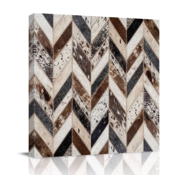 Canvas Wall Art Herringbone Hide Canvas Art Print Western Farm Abstract Black Brown Animal Fur Style Pictures Wall Decor for Living Room Bedroom Decorations Stretched Framed Ready to Hang 12"x12"