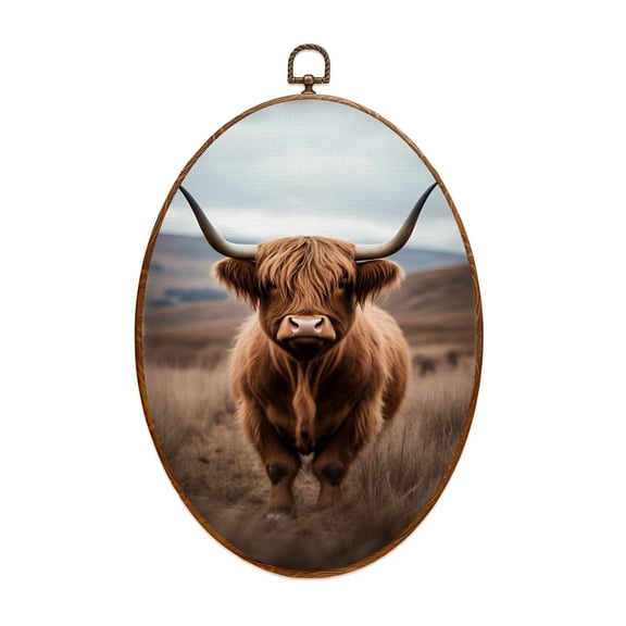 Canvas Wall Art Highland Cow Farmhouse Rustic Windmill Barn Western Country Bison Cows Oval Framed Canvas Prints Vintage Wall Hanging Decor for Office Kitchen Bathroom Gifts For Women 8.6"x11.4"