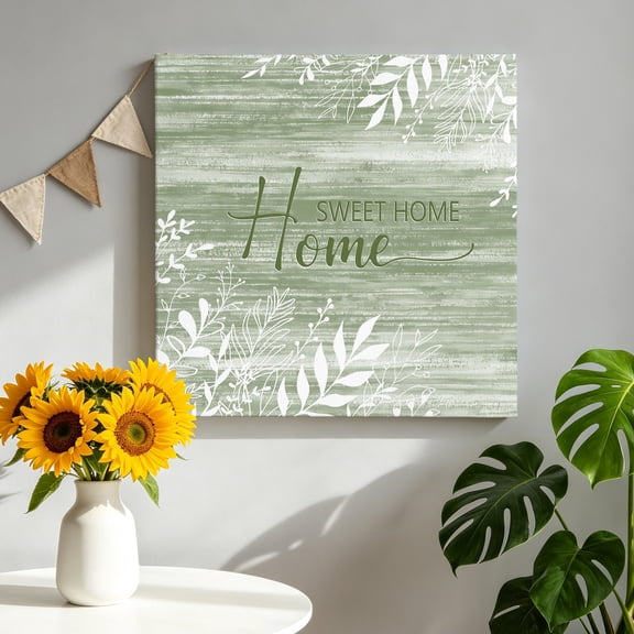 Canvas Wall Art Home Sweet Home Canvas Art Print Country Farmhouse Minimalist Leaf Green Wood Grain Wall Decor for Living Room Bedroom Artwork Decorations Stretched Framed Ready to Hang 8"x8"