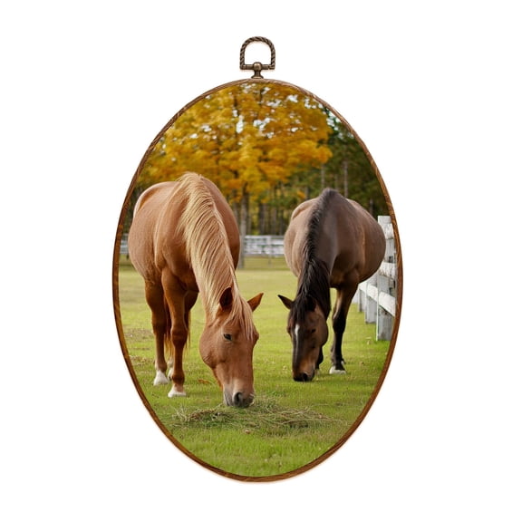Canvas Wall Art Horses Autumn Oval Framed Canvas Prints Vintage Wall Hanging Decor for Home Decorations 8.6"x11.4"