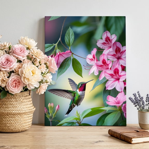 Canvas Wall Art Hummingbird Pink Floral Canvas Art Print Spring Bird Nature Floral Pictures Wall Decor for Living Room Bedroom Artwork Decorations Stretched Framed Ready to Hang 24"x32"