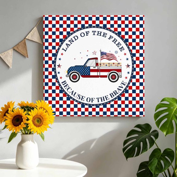 Canvas Wall Art Independence Day Canvas Art Print Truck Load of Free Plaid Pictures Wall Decor for Living Room Bedroom Artwork Decorations Stretched Framed Ready to Hang 8"x8"