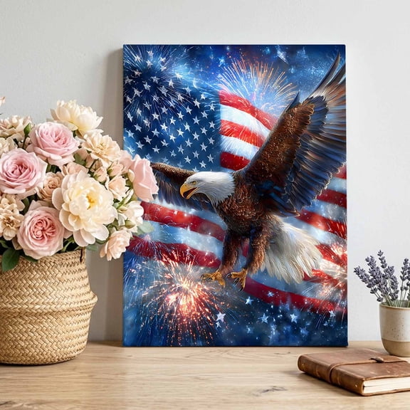 Canvas Wall Art Independence Day Eagle Canvas Art Print Patriotic Red Blue Star American Flag Firework Pictures Wall Decor for Living Room Artwork Decorations Stretched Framed Ready to Hang 12"x16"