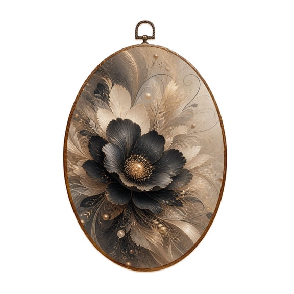Canvas Wall Art Ink Rose Abstract Floral Onyx Roses Large Petals Abstract Foliage Oval Framed Canvas Prints Vintage Wall Hanging Decor for Home Decorations 8.6"x11.4"