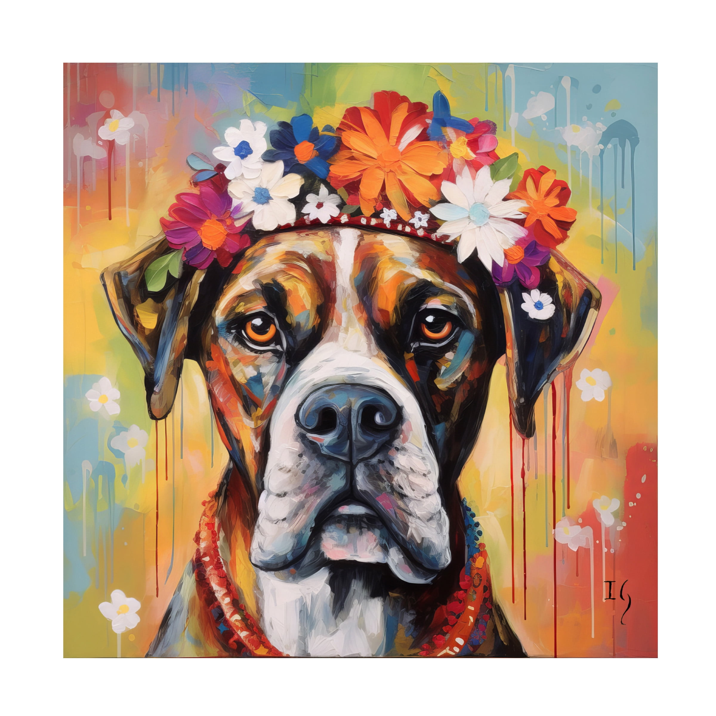 Canvas Wall Art - Ivan Guaderrama 'Daisy Crowned Boxer' Wall Art for Living Room, Bedroom, or Office DÃ©cor by Trademark Fine Art - 24 x 24 Inches
