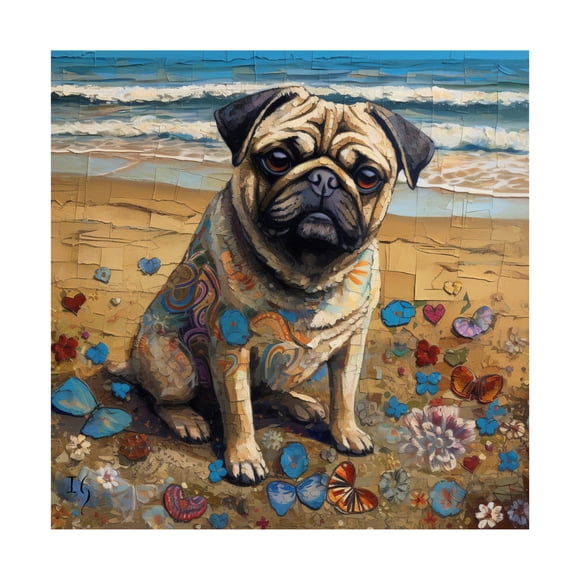 Canvas Wall Art - Ivan Guaderrama 'Pugs Seashore' Wall Art for Living Room, Bedroom, or Office Décor by Trademark Fine Art - 14 x 14 Inches