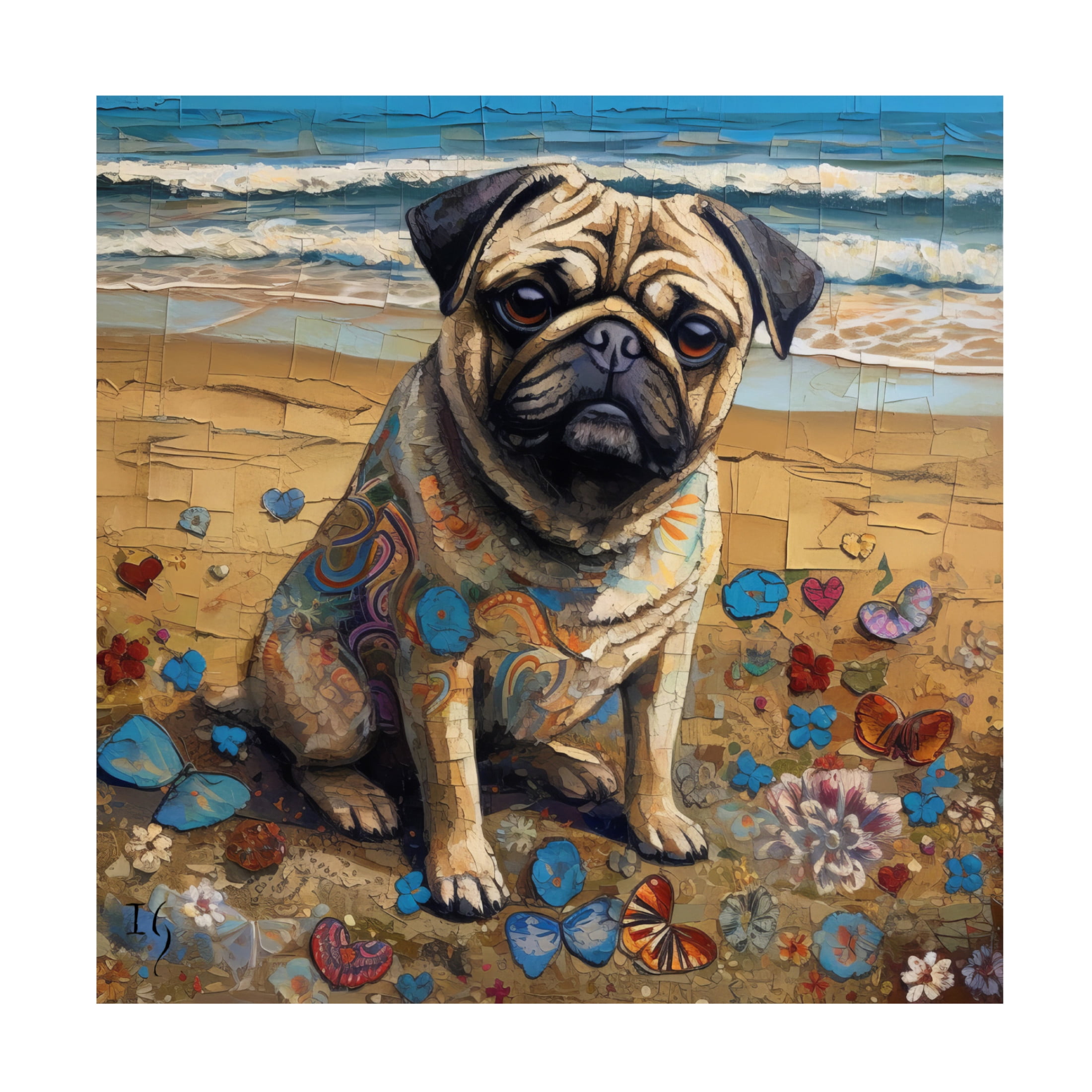 Canvas Wall Art - Ivan Guaderrama 'Pugs Seashore' Wall Art for Living Room, Bedroom, or Office Décor by Trademark Fine Art - 35 x 35 Inches