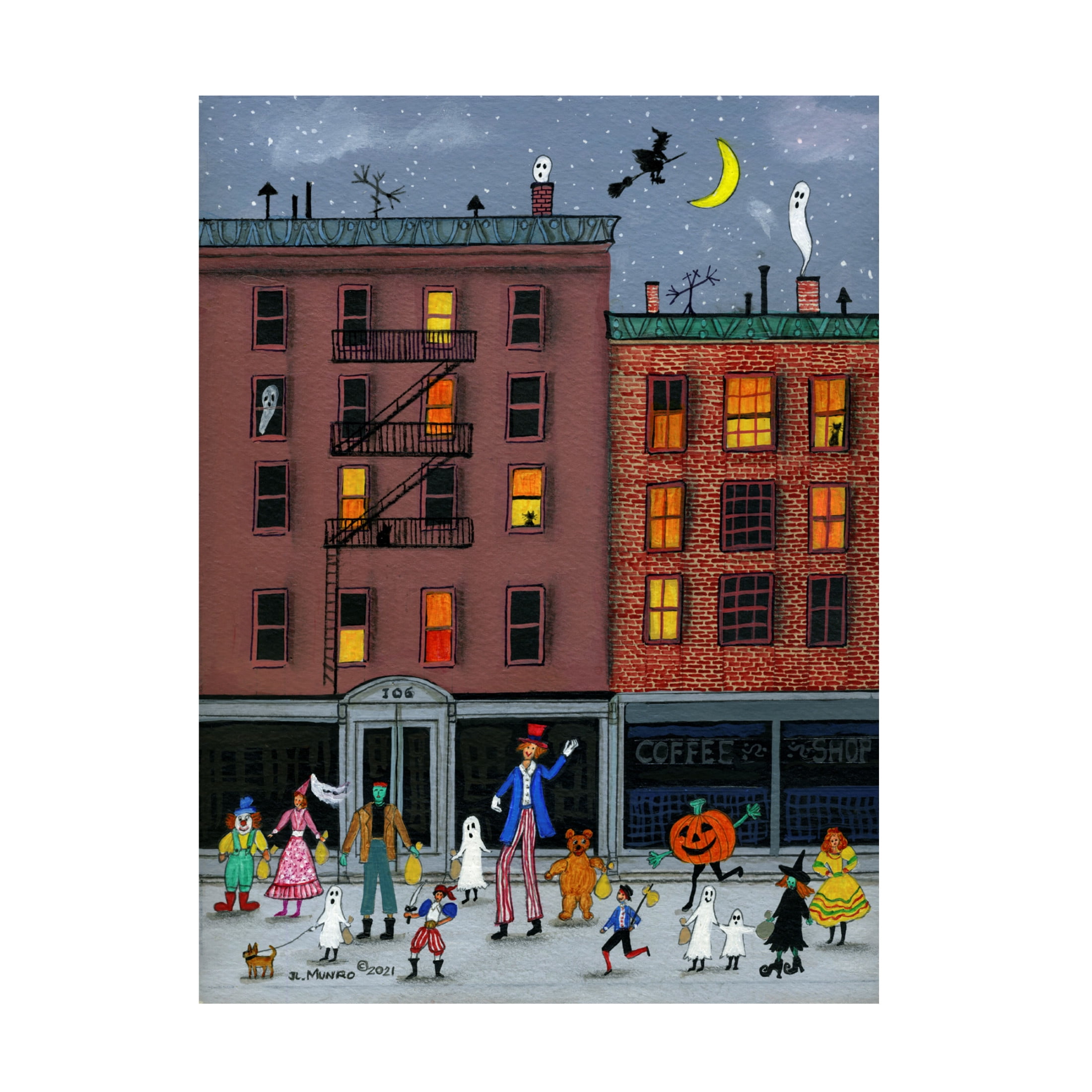 Canvas Wall Art - JL Munro 'Halloween in the City' Wall Art for Living Room, Bedroom, or Office Décor by Trademark Fine Art - 14 x 19 Inches