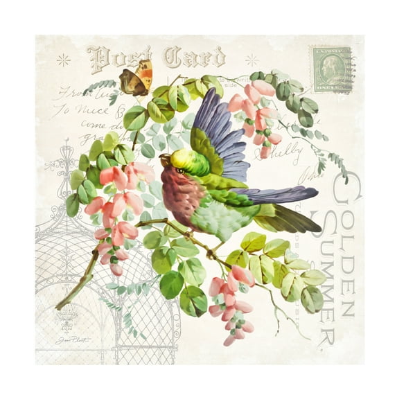 Canvas Wall Art - Jean Plout 'Bird and Blooms A' Wall Art for Living Room, Bedroom, or Office Décor by Trademark Fine Art - 14 x 14 Inches