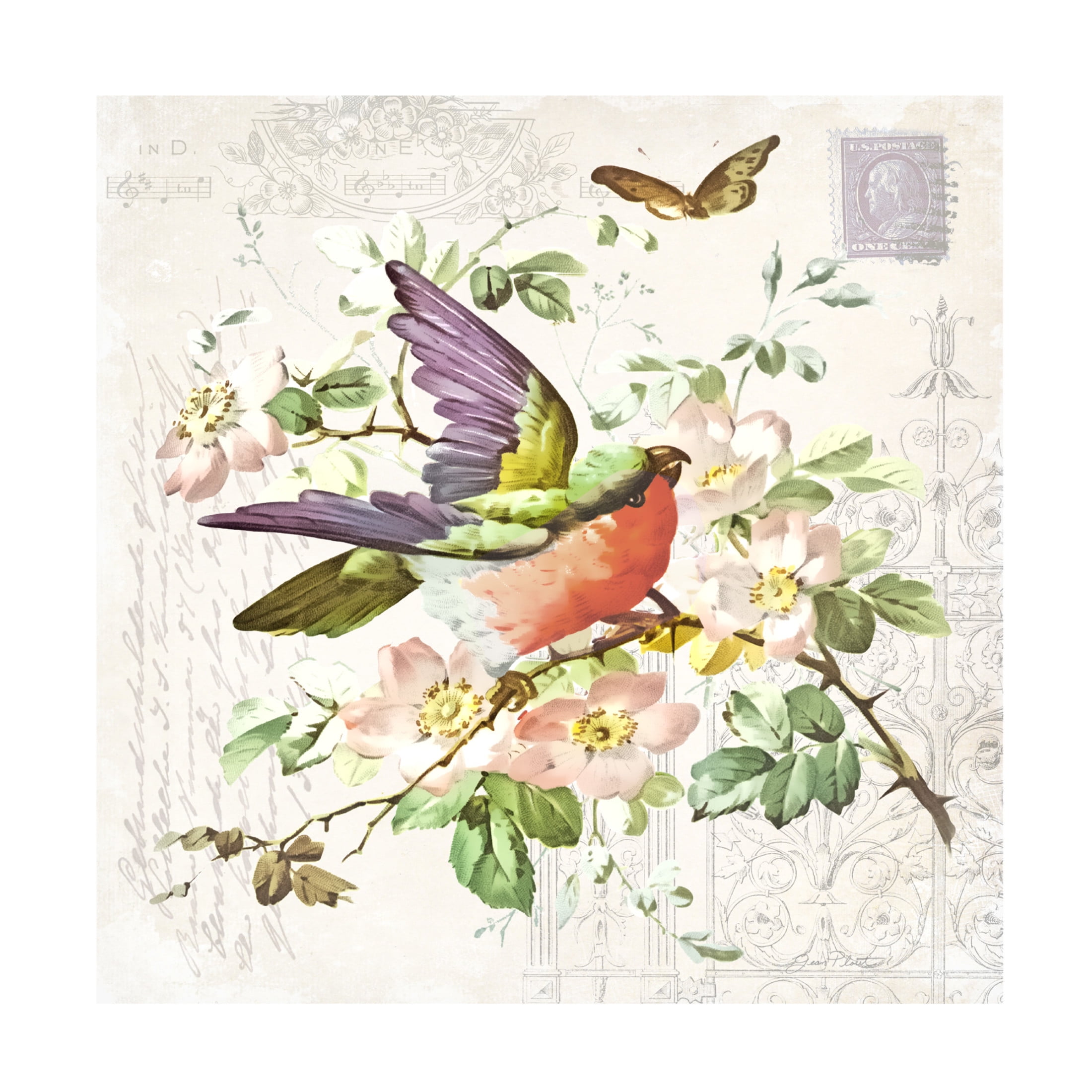 Canvas Wall Art - Jean Plout 'Bird and Blooms B' Wall Art for Living Room, Bedroom, or Office Décor by Trademark Fine Art - 18 x 18 Inches