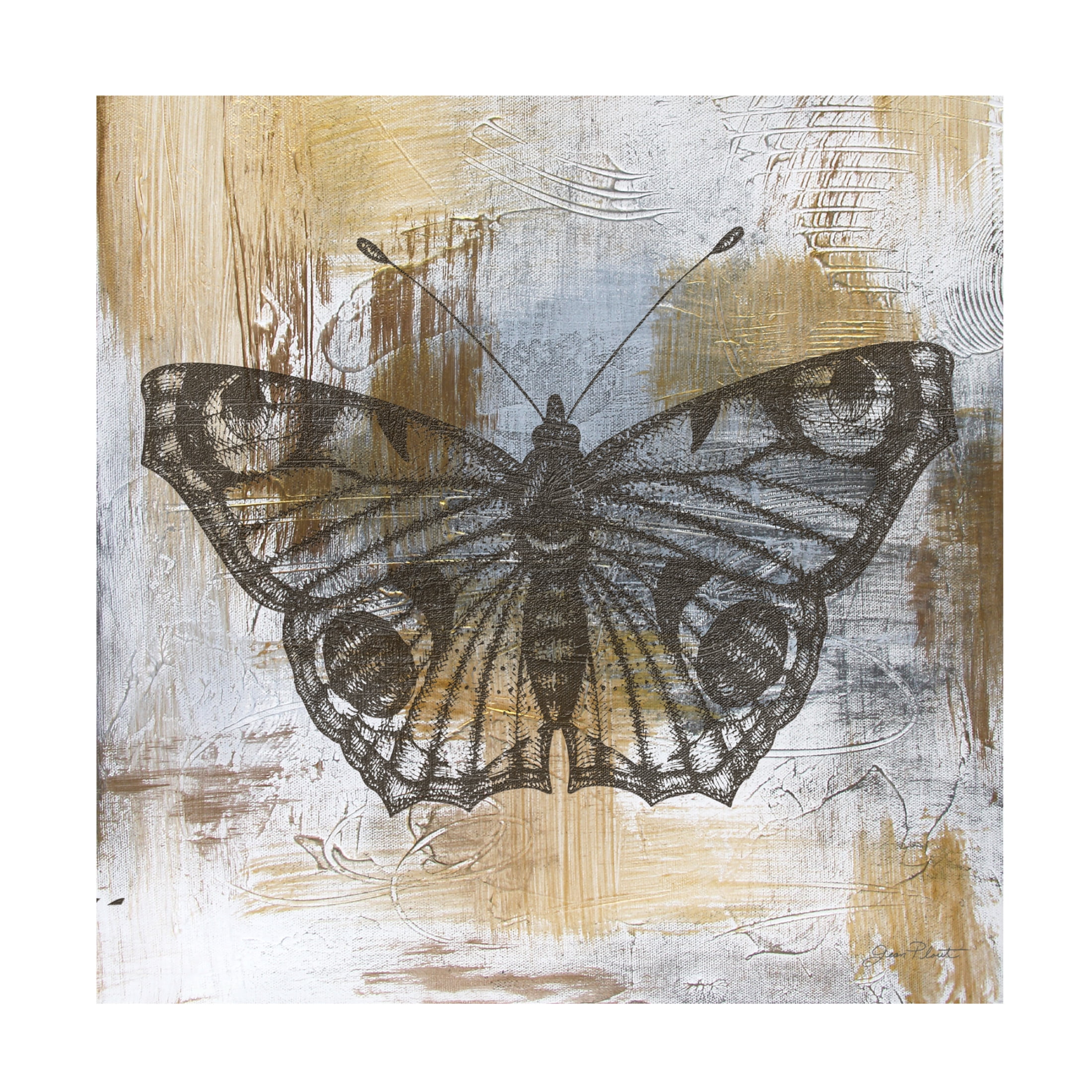 Canvas Wall Art - Jean Plout 'Gold And Grey Textures Butterfly A1' Wall Art for Living Room, Bedroom, or Office Décor by Trademark Fine Art - 14 x 14 Inches