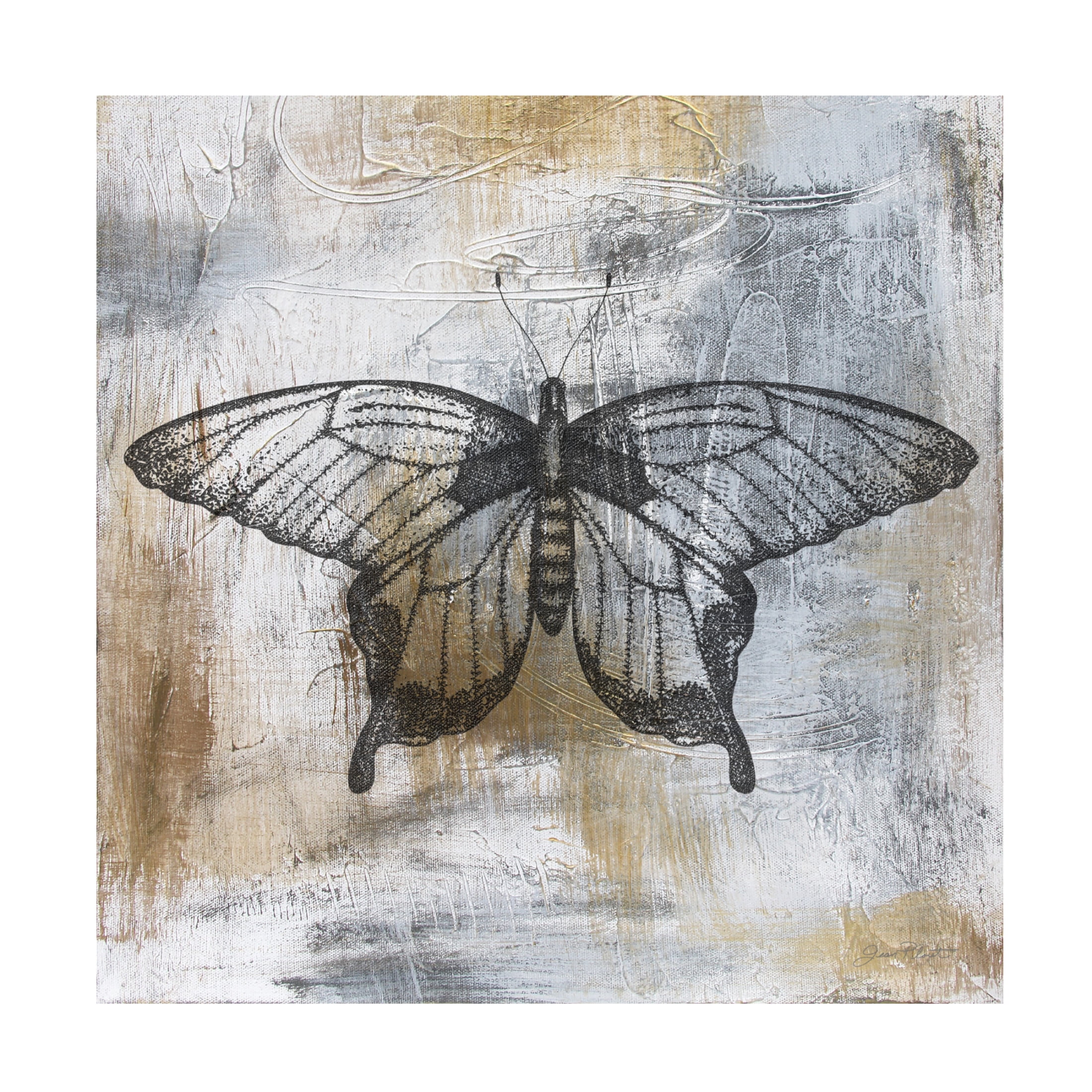 Canvas Wall Art - Jean Plout 'Gold And Grey Textures Butterfly A4' Wall Art for Living Room, Bedroom, or Office Décor by Trademark Fine Art - 18 x 18 Inches