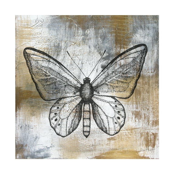 Canvas Wall Art - Jean Plout 'Gold And Grey Textures Butterfly A3' Wall Art for Living Room, Bedroom, or Office Décor by Trademark Fine Art - 14 x 14 Inches