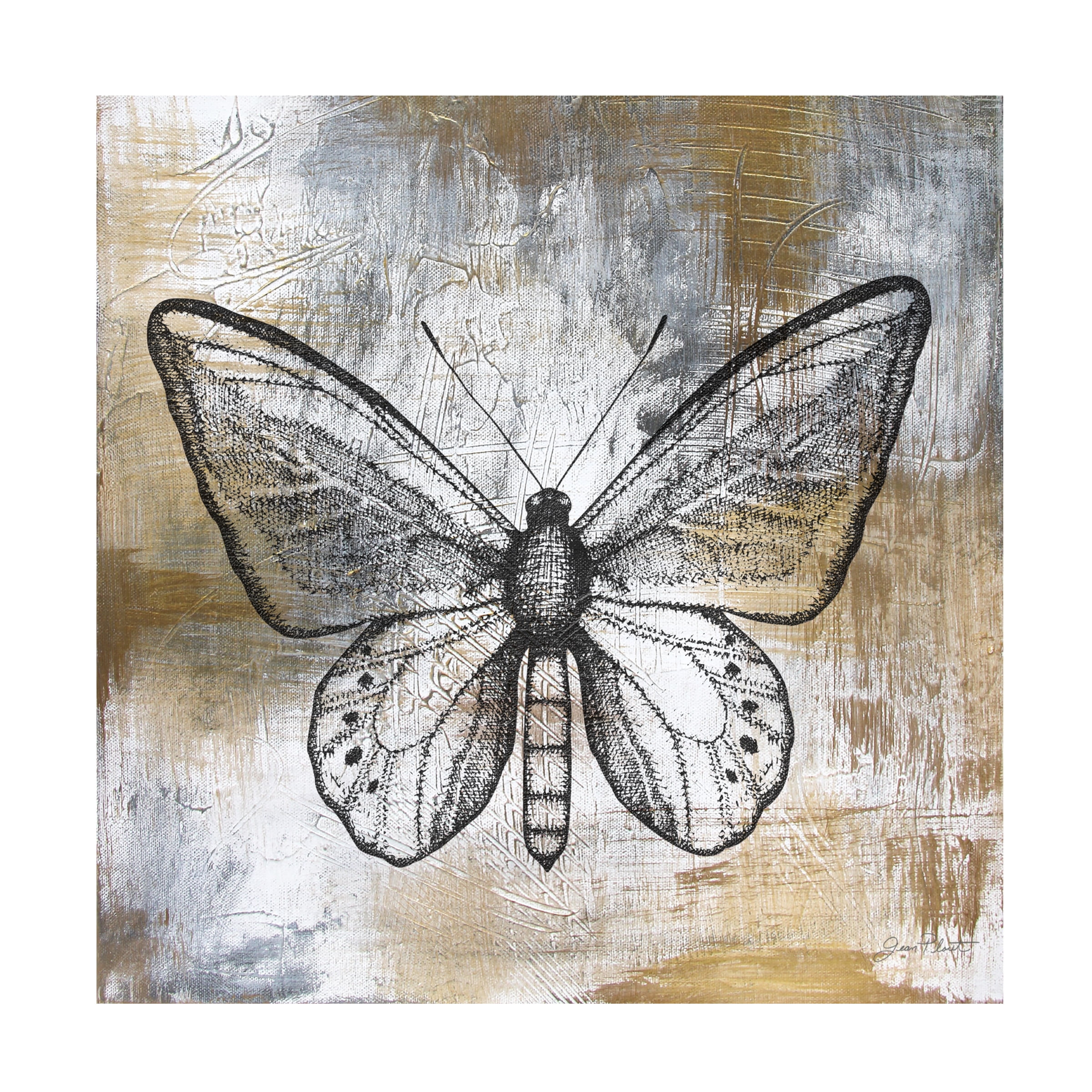 Canvas Wall Art - Jean Plout 'Gold And Grey Textures Butterfly A3' Wall Art for Living Room, Bedroom, or Office DÃ©cor by Trademark Fine Art - 35 x 35 Inches