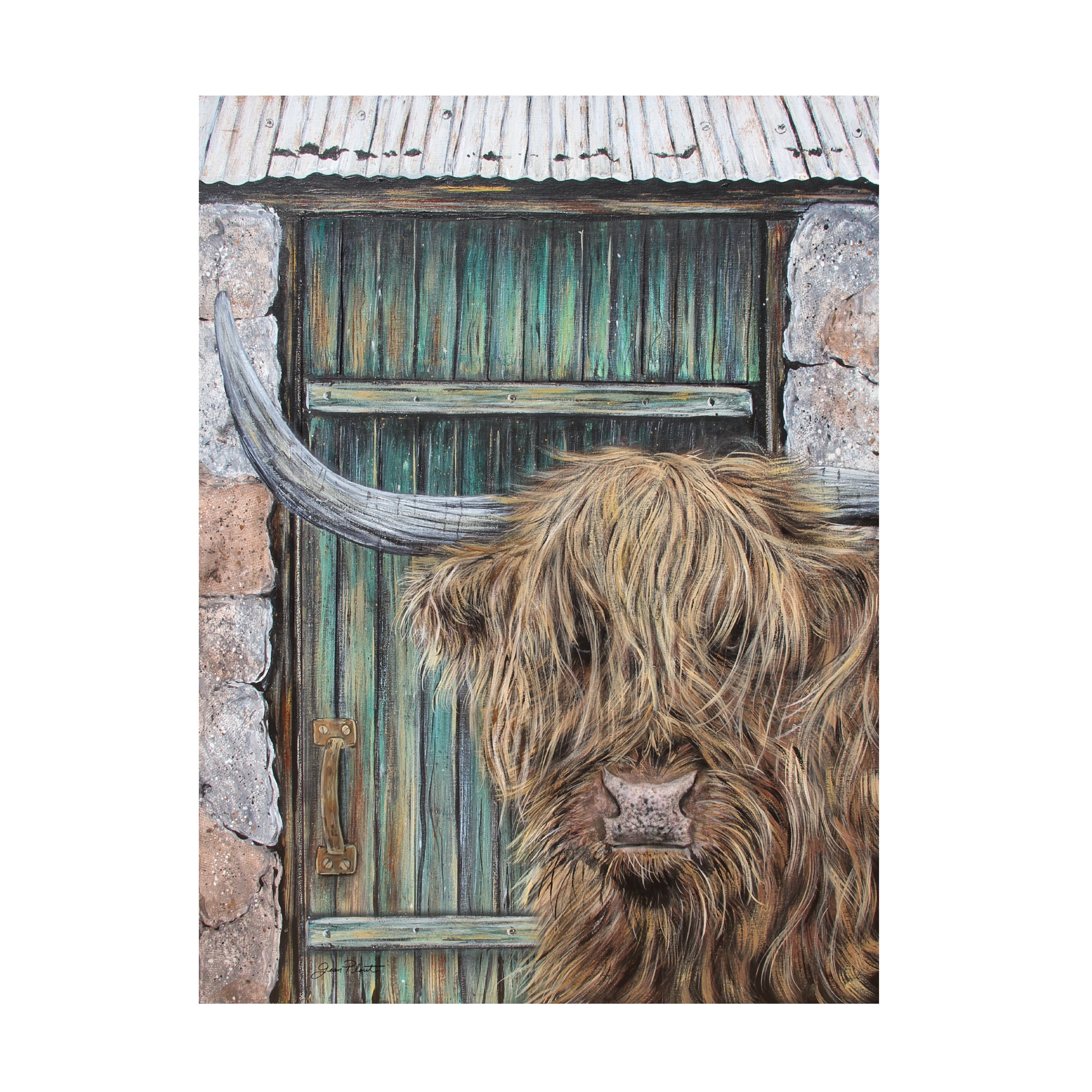 Canvas Wall Art - Jean Plout 'Highland Cow By Barn Door A' Wall Art for Living Room, Bedroom, or Office DÃ©cor by Trademark Fine Art - 14 x 19 Inches